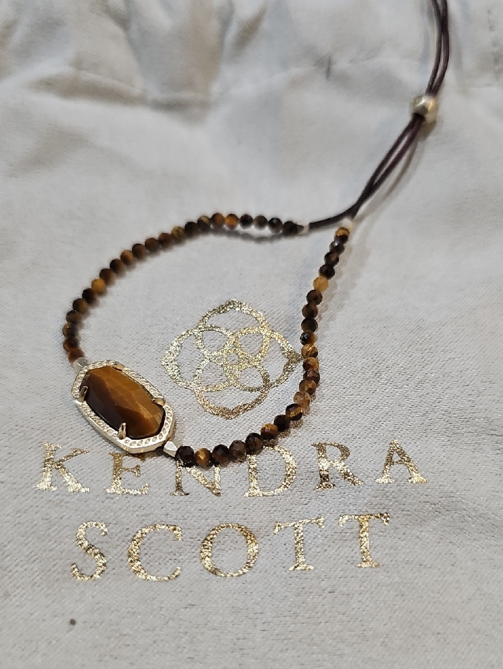 Kendra Scott Tiger's Eye Pendant Bracelet- Brown Beaded Adjustable